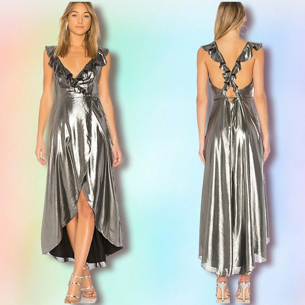 Privacy Please Revolve Dress M Fillmore Metallic Silver Graphite Wrap futuristic